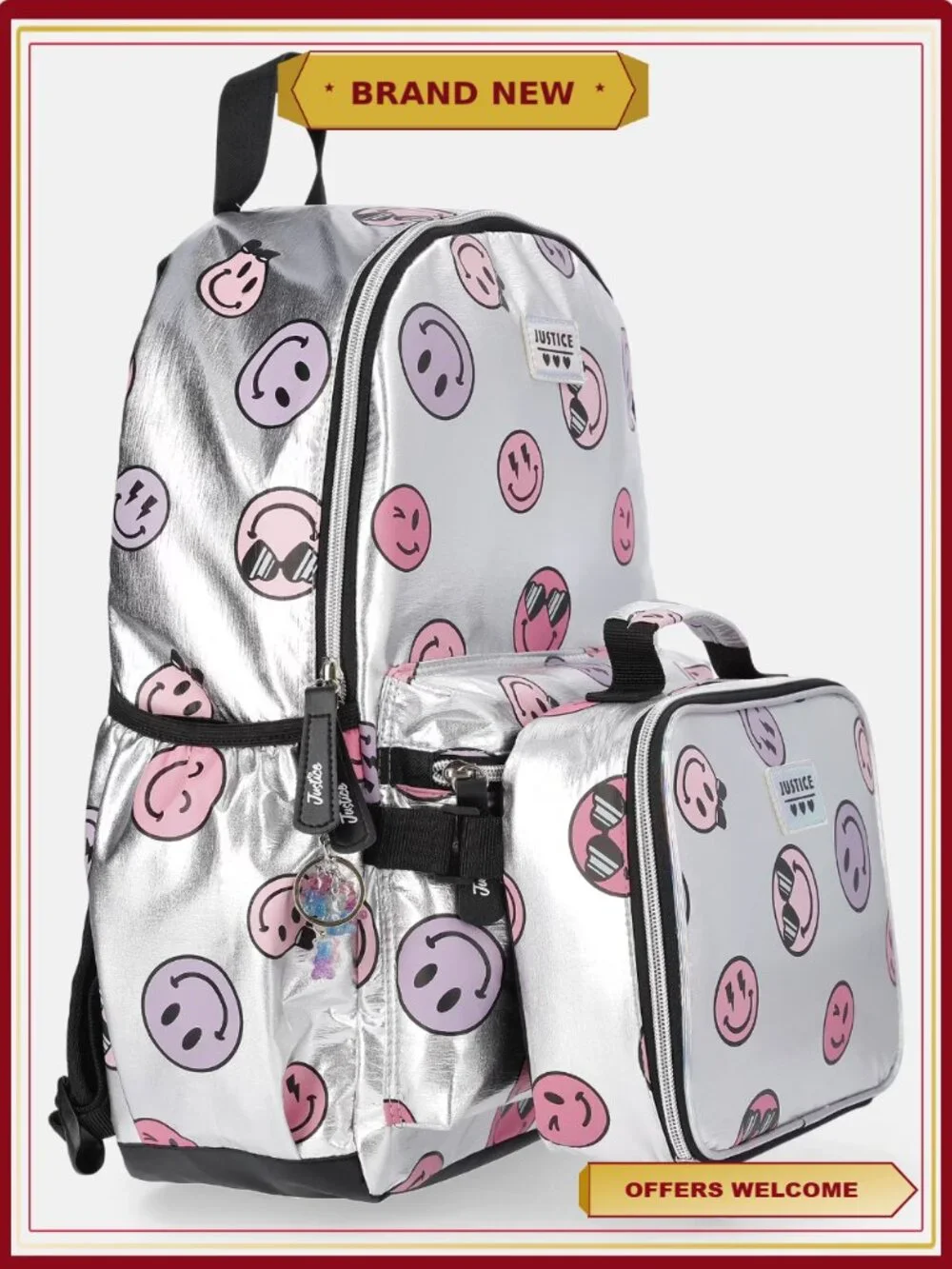 Girls 17 Inch Silver Foil Smiley Backpack and Lunch Tote Set with Keychain